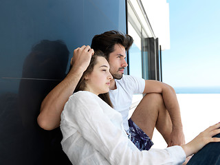 Image showing young couple making selfie together at home