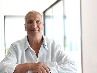 Image showing Portrait of senior man relaxing in sofa