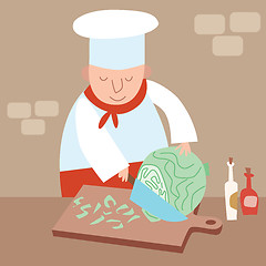 Image showing Cook shreds cabbage restaurant kitchen