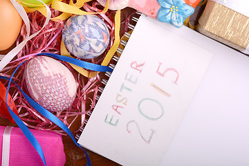 Image showing Easter setting with gift box and spring decoration