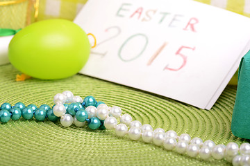 Image showing Easter setting with gift box and spring decoration