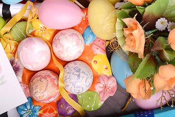 Image showing Easter background with eggs and gift box