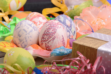 Image showing Easter setting with gift box and spring decoration