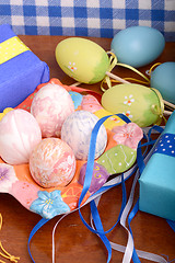 Image showing Easter background with eggs and gift box