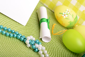 Image showing Easter setting with gift box and spring decoration