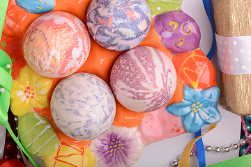 Image showing Easter background with eggs and gift box