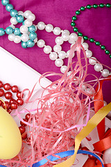 Image showing Easter background with eggs, ribbons and spring decoration