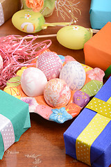 Image showing Easter background with eggs and gift box