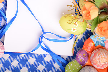 Image showing Easter background with eggs and gift box