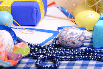 Image showing Easter background with eggs and gift box