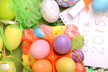 Image showing Easter setting with gift box and spring decoration