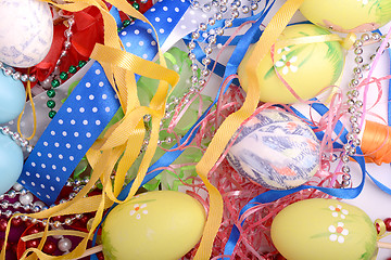 Image showing Easter background with eggs, ribbons and spring decoration