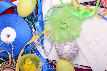 Image showing Easter background with eggs and gift box