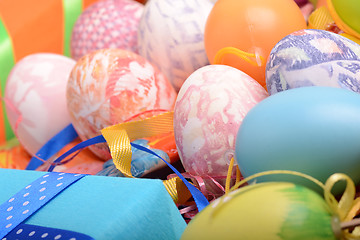 Image showing Easter background with eggs and gift box