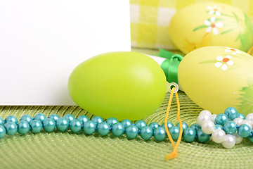 Image showing Easter background with eggs and gift box