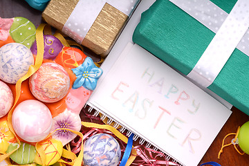 Image showing Easter background with eggs and gift box