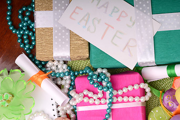 Image showing Easter background with eggs and gift box