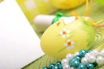 Image showing Easter background with eggs and gift box