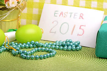 Image showing Easter setting with gift box and spring decoration