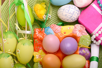 Image showing Easter setting with gift box and spring decoration