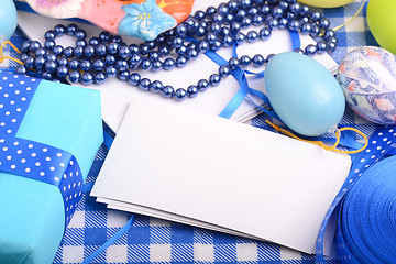 Image showing Easter background with eggs, ribbons and spring decoration