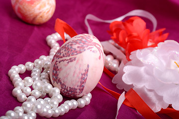 Image showing Easter background with eggs, ribbons and spring decoration