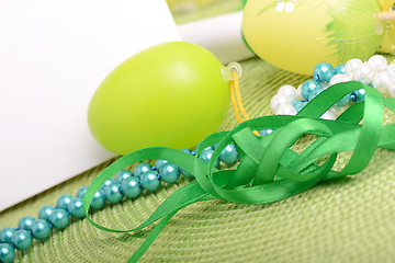 Image showing Easter setting with gift box and spring decoration