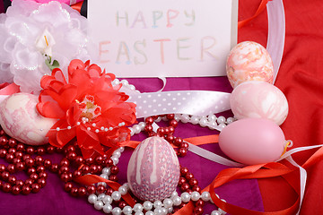 Image showing Easter background with eggs and gift box