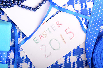 Image showing Easter background with eggs and gift box