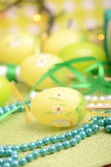 Image showing Easter background with eggs, ribbons and spring decoration