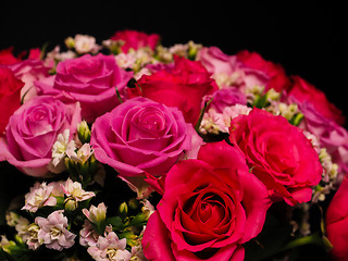 Image showing Bouquet of pink roses at closeup towards black background