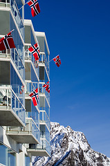 Image showing Norwegian flags on balcony