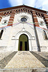 Image showing  church  in  the varano borghi  old  brick tower sidewalk italy 