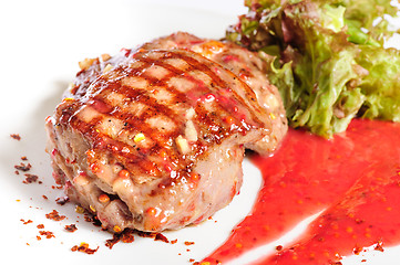 Image showing Grilled steaks and vegetable salad