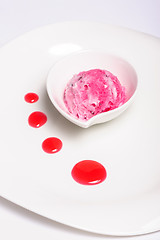 Image showing Raspberry cheese cake and ice cream ball