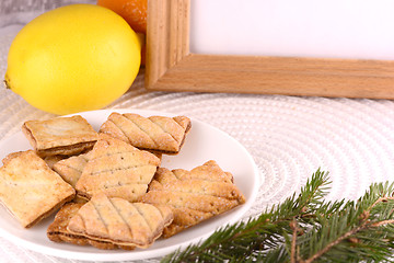 Image showing sweet cake on white plate and fruits