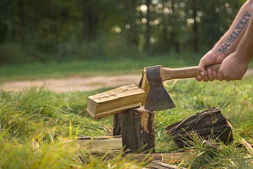 Image showing Firewood and old axe