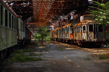 Image showing Cargo trains in old train depot