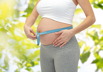 Image showing close up of pregnant woman measuring her tummy