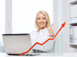 Image showing happy businesswoman with laptop showing thumbs up