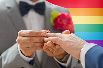 Image showing close up of male gay couple hands and wedding ring