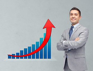 Image showing happy businessman in suit with growth chart