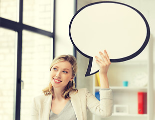 Image showing smiling businesswoman with blank text bubble