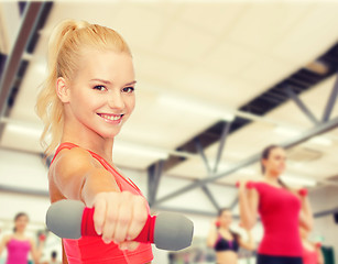 Image showing smiling beautiful sporty woman with dumbbell