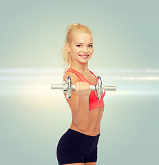 Image showing young sporty woman with heavy steel dumbbell