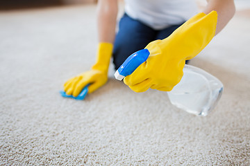 Image showing close up of woman with cloth cleaning carpet