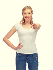 Image showing woman in blank white t-shirt pointing her finger