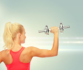 Image showing sporty woman with heavy steel dumbbell from back