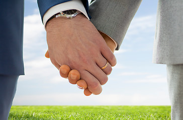 Image showing close up of male gay hands with wedding rings on