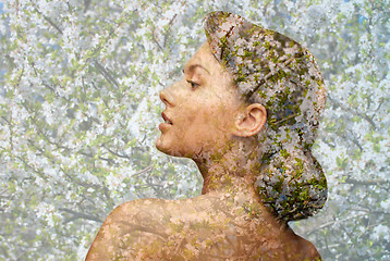 Image showing young woman face over blooming tree pattern